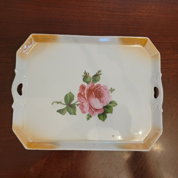 Vintage German Porcelain Tray With Pink Rose Design & Gold Accents - Picture 1 of 8